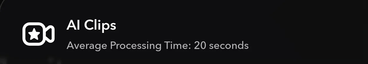 The header of the AI Clips tool card, reading AI Clips above the line Average Processing Time: 20 seconds