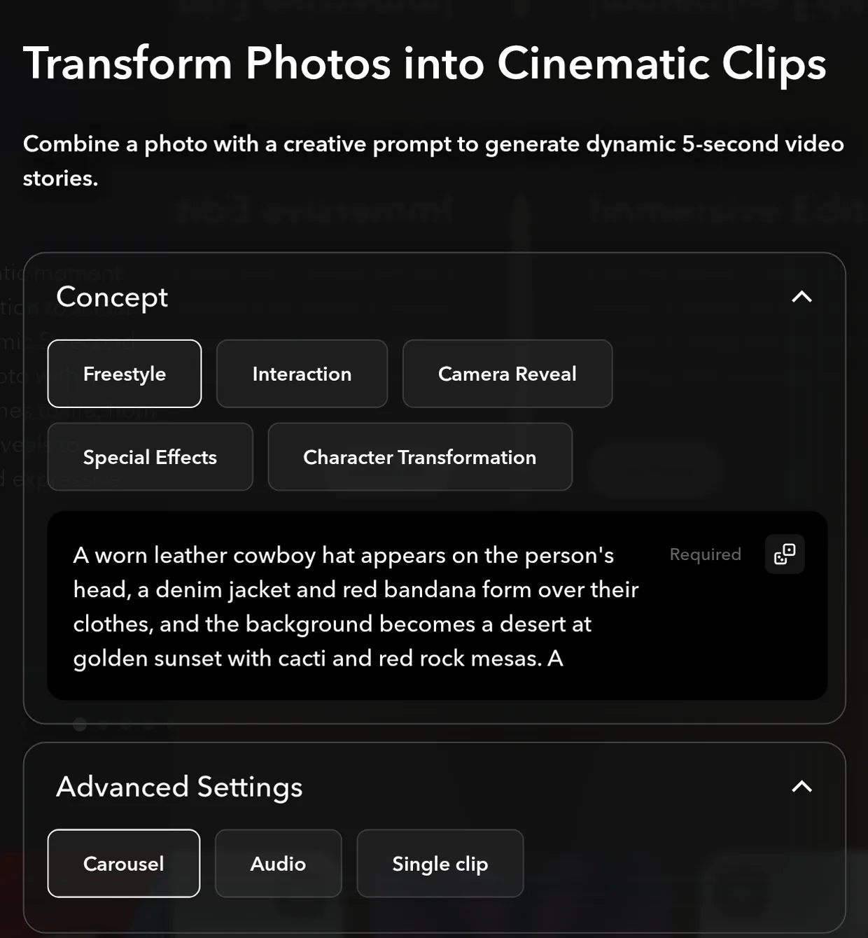 The AI Clips controls, headed Transform Photos into Cinematic Clips, with Freestyle selected, a Describe the scene box holding the cowboy example, and Carousel, Audio and Single clip under Advanced Settings