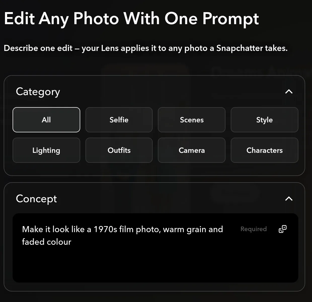 The AI Edits tool card open, headed Edit Any Photo With One Prompt, with the Category chips All, Selfie, Scenes, Style, Lighting, Outfits, Camera and Characters above a Concept box marked Required