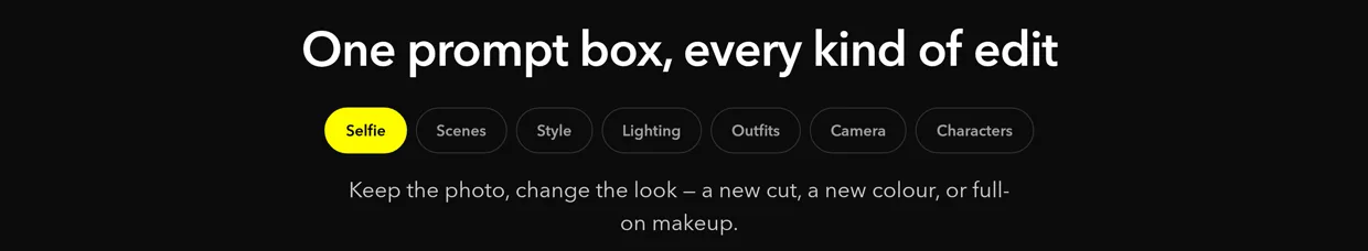 The category row on the AI Edits page, headed One prompt box, every kind of edit, with Selfie selected and its description underneath