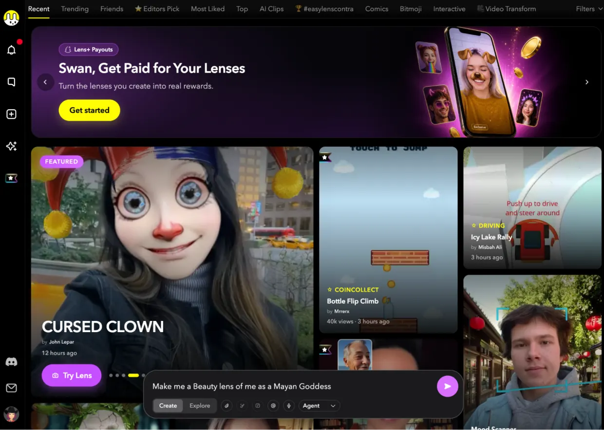 The Easy Lens home screen, with Lenses to try and the sentence typed into the create box along the bottom