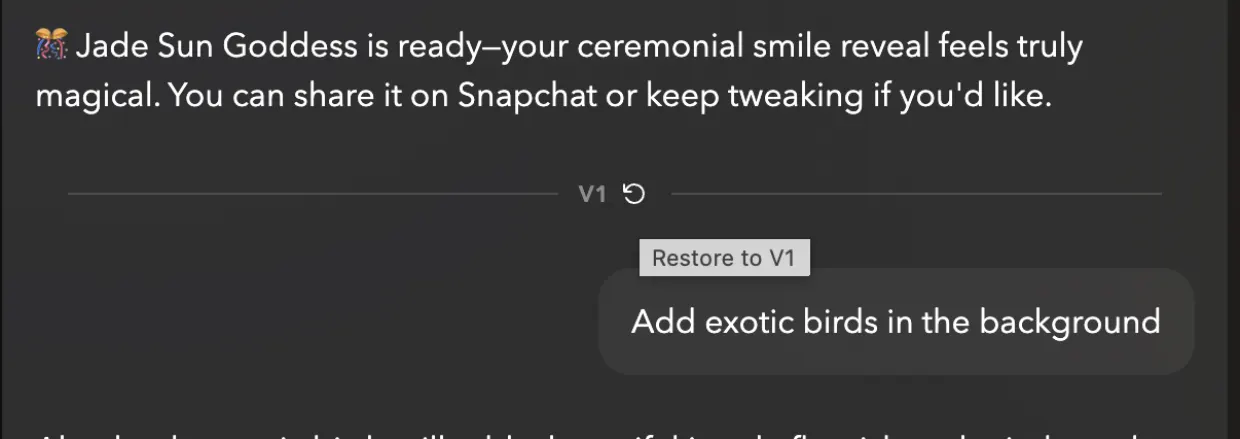 A restore control between two prompts in the chat, offering Restore to V1