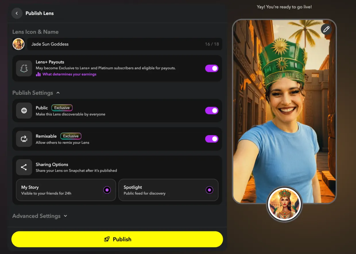 The publish screen, with the Lens icon and name, the Lens+ payouts switch, the public and remixable switches, and the sharing options