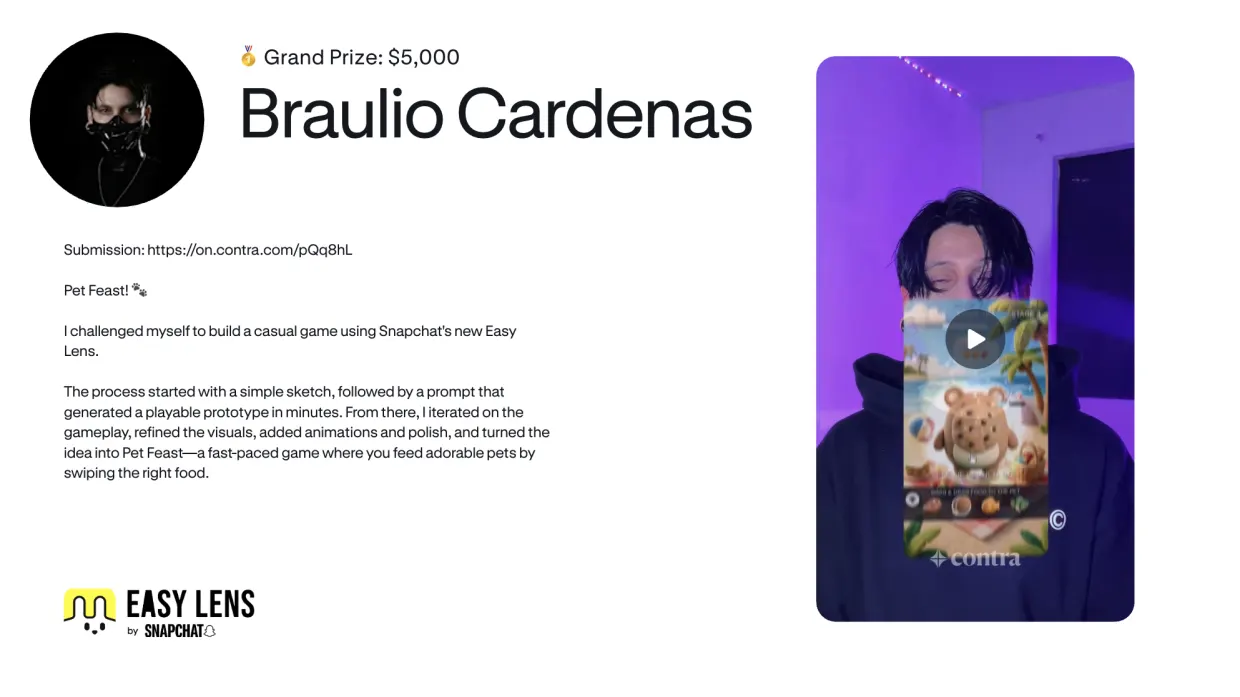 Braulio Cardenas, grand prize, $5,000, beside a phone showing his Pet Feast game with a bear cub and bowls of food