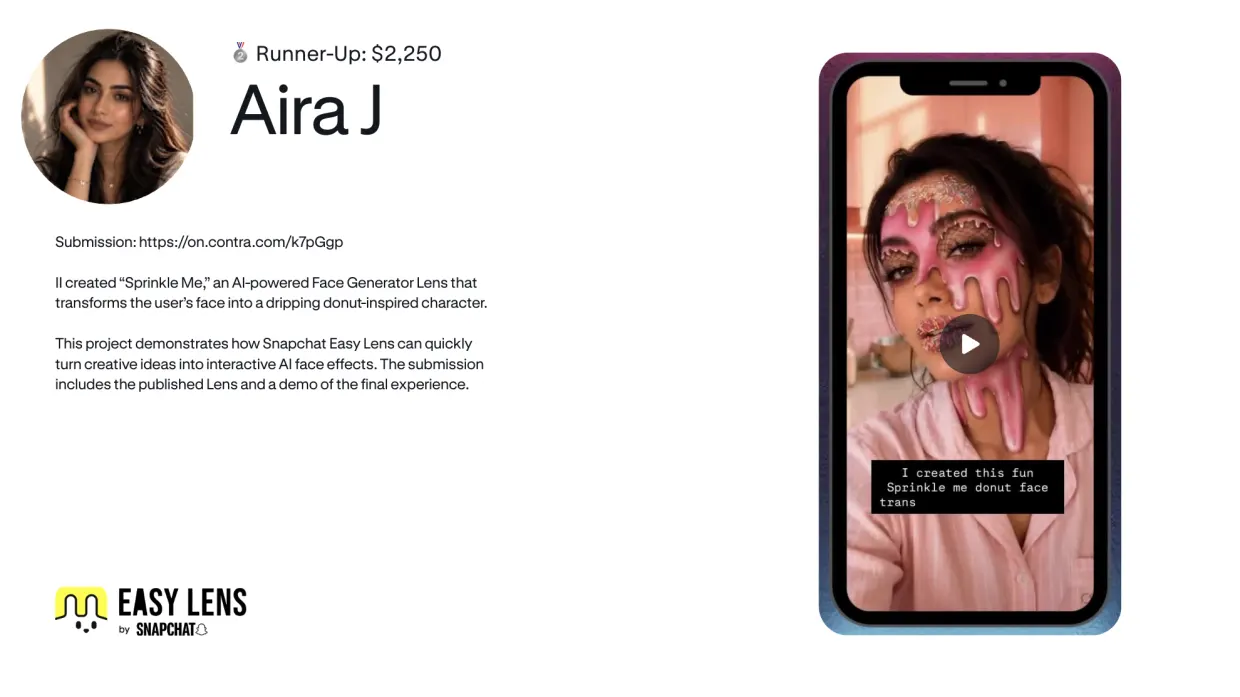 Aira J, runner-up, $2,250, beside a phone showing her Sprinkle Me Lens, a face covered in glossy pink icing and sprinkles