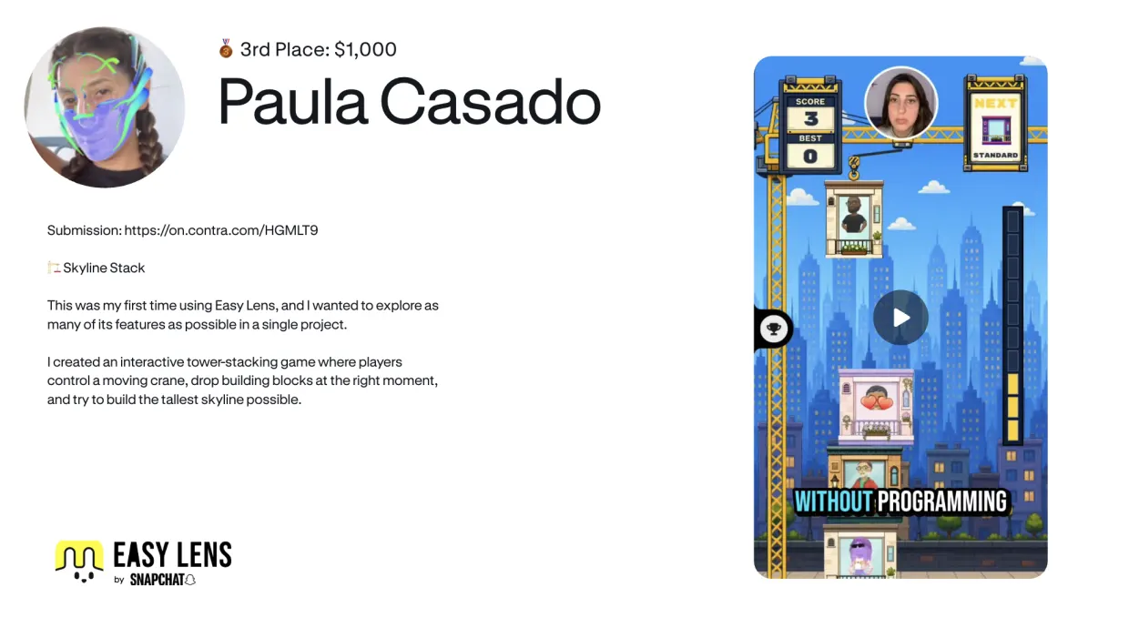 Paula Casado, third place, $1,000, beside a phone showing her Skyline Stack game, a crane lifting blocks over a city skyline