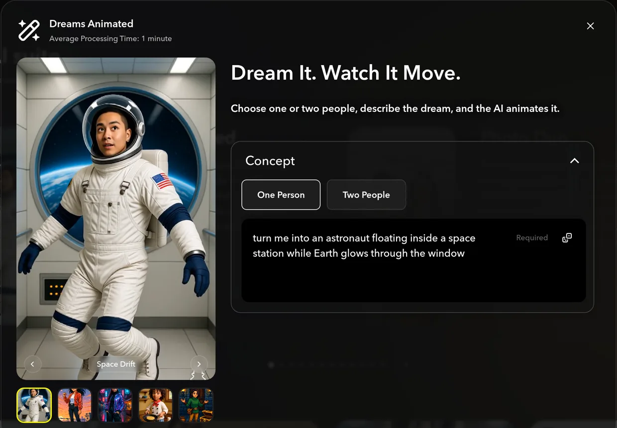 The Dreams Animated tool card open, headed Dream It. Watch It Move., with the One Person and Two People chips, the Concept box and a preview clip of an astronaut floating in a space station