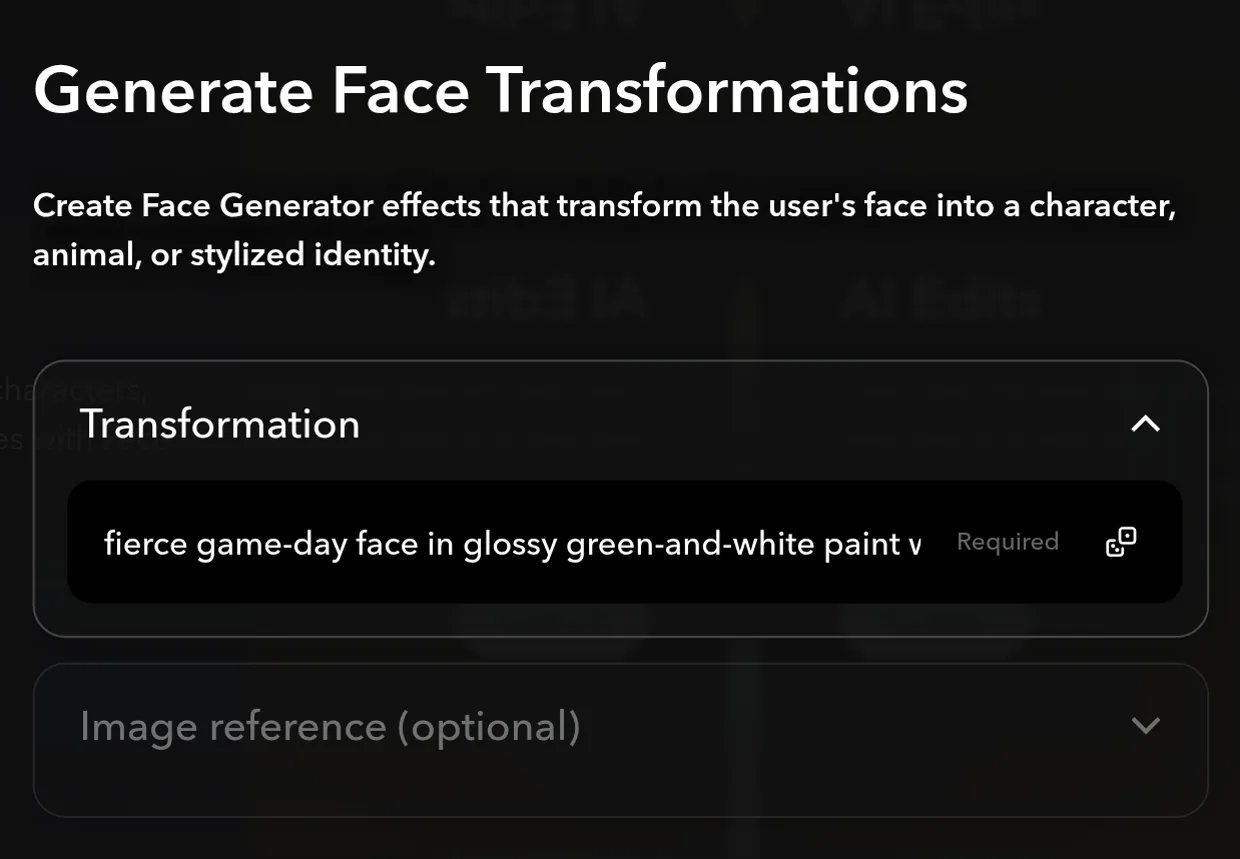 The Face Generator controls, headed Generate Face Transformations, with a Transformation box marked Required holding the game-day face paint example and a collapsed Image reference (optional) section below it