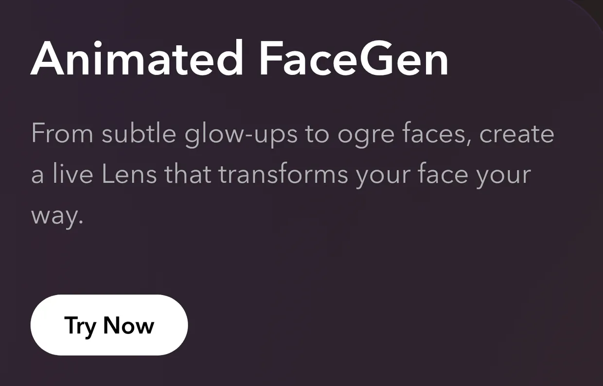 The Animated FaceGen card on the Easy Lens Gen AI suite, reading From subtle glow-ups to ogre faces, create a live Lens that transforms your face your way, with a Try Now button