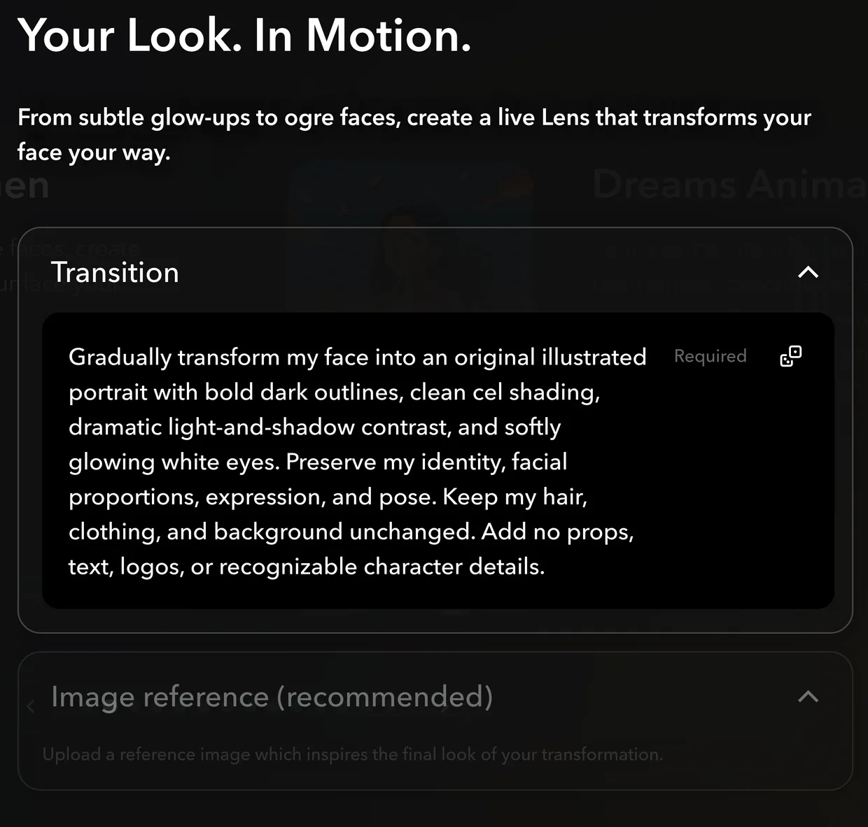 The Animated FaceGen controls, headed Your Look. In Motion., with a Transition box marked Required and a collapsed Image reference (recommended) section below it