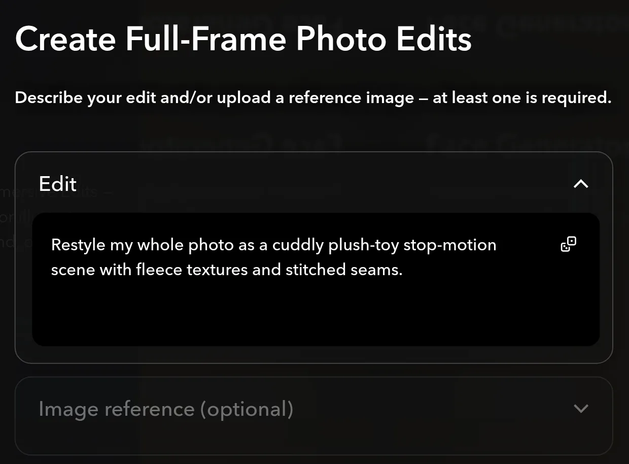 The Immersive Edits controls, headed Create Full-Frame Photo Edits, with an Edit box holding a plush-toy restyle and a collapsed Image reference (optional) section below it