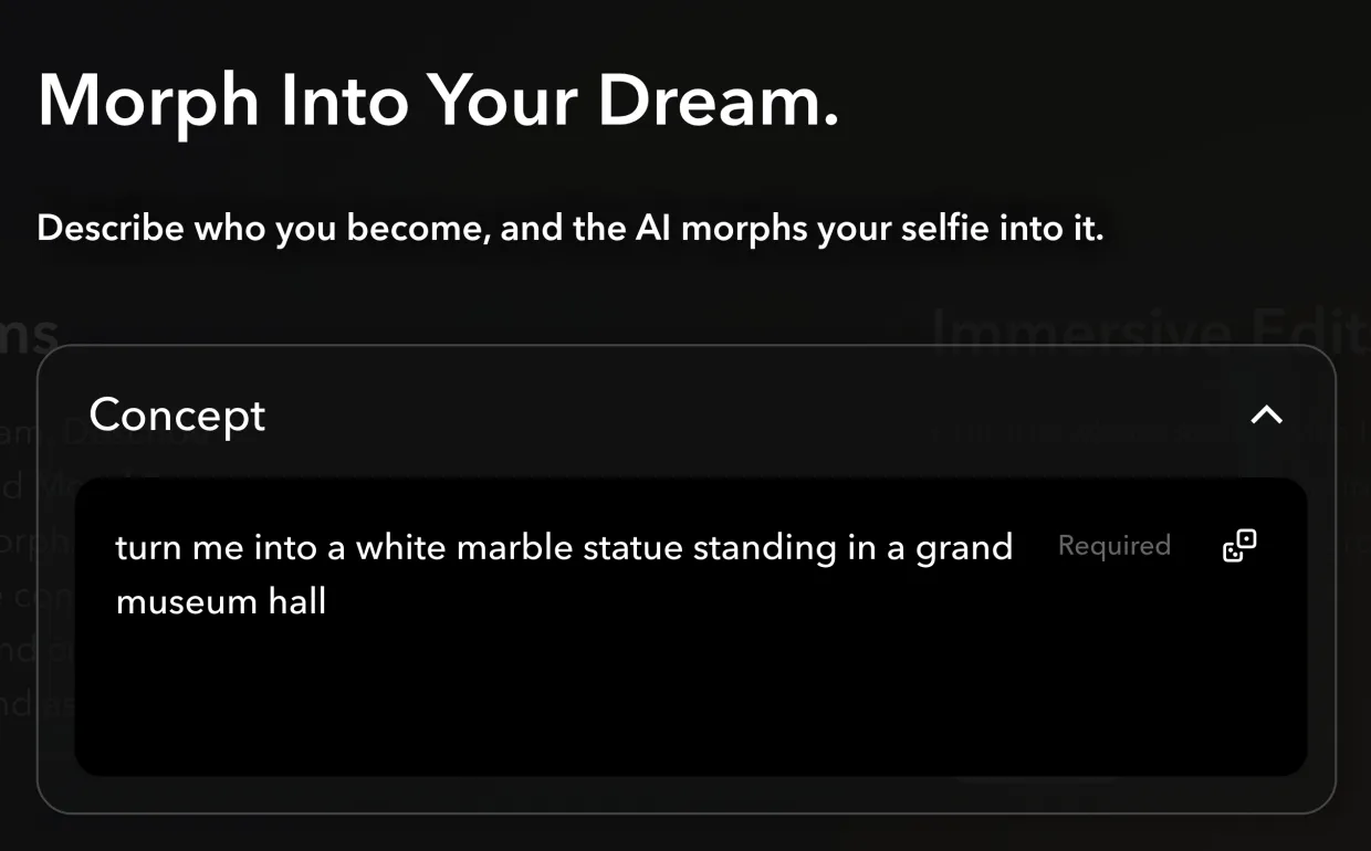 The Morphing Dreams controls, headed Morph Into Your Dream., with a Concept box marked Required holding the marble statue example