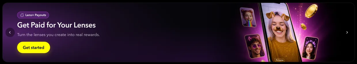 The Get Paid for Your Lenses banner at the top of the Easy Lens home feed, with a Get started button under it