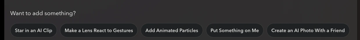Five suggestions in a row above the empty Easy Lens create box: Star in an AI Clip, Make a Lens React to Gestures, Add Animated Particles, Put Something on Me, and Create an AI Photo With a Friend