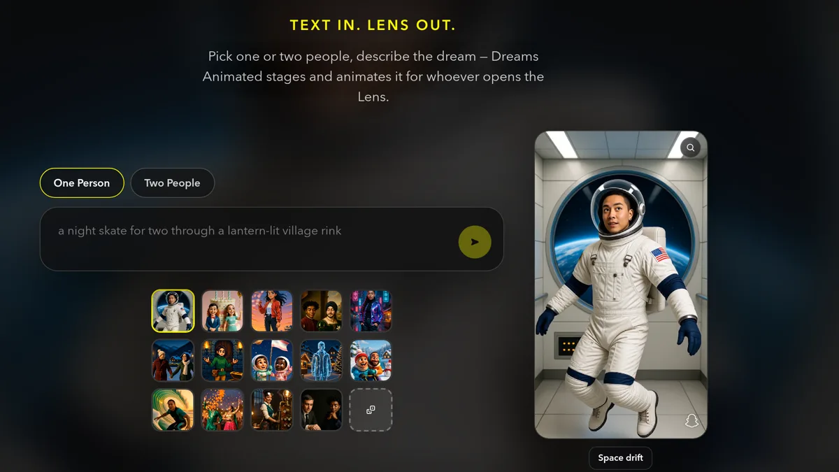 The Dreams Animated page headed Text In. Lens Out., with the One Person and Two People chips, a concept box, a grid of example dreams and a preview of an astronaut floating in a space station