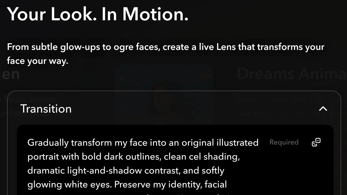 The Animated FaceGen tool card headed Your Look. In Motion., with a Transition box marked Required beneath it