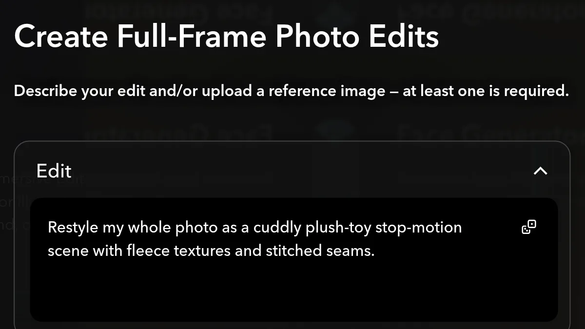 The Immersive Edits tool card headed Create Full-Frame Photo Edits, with an Edit box holding a plush-toy restyle